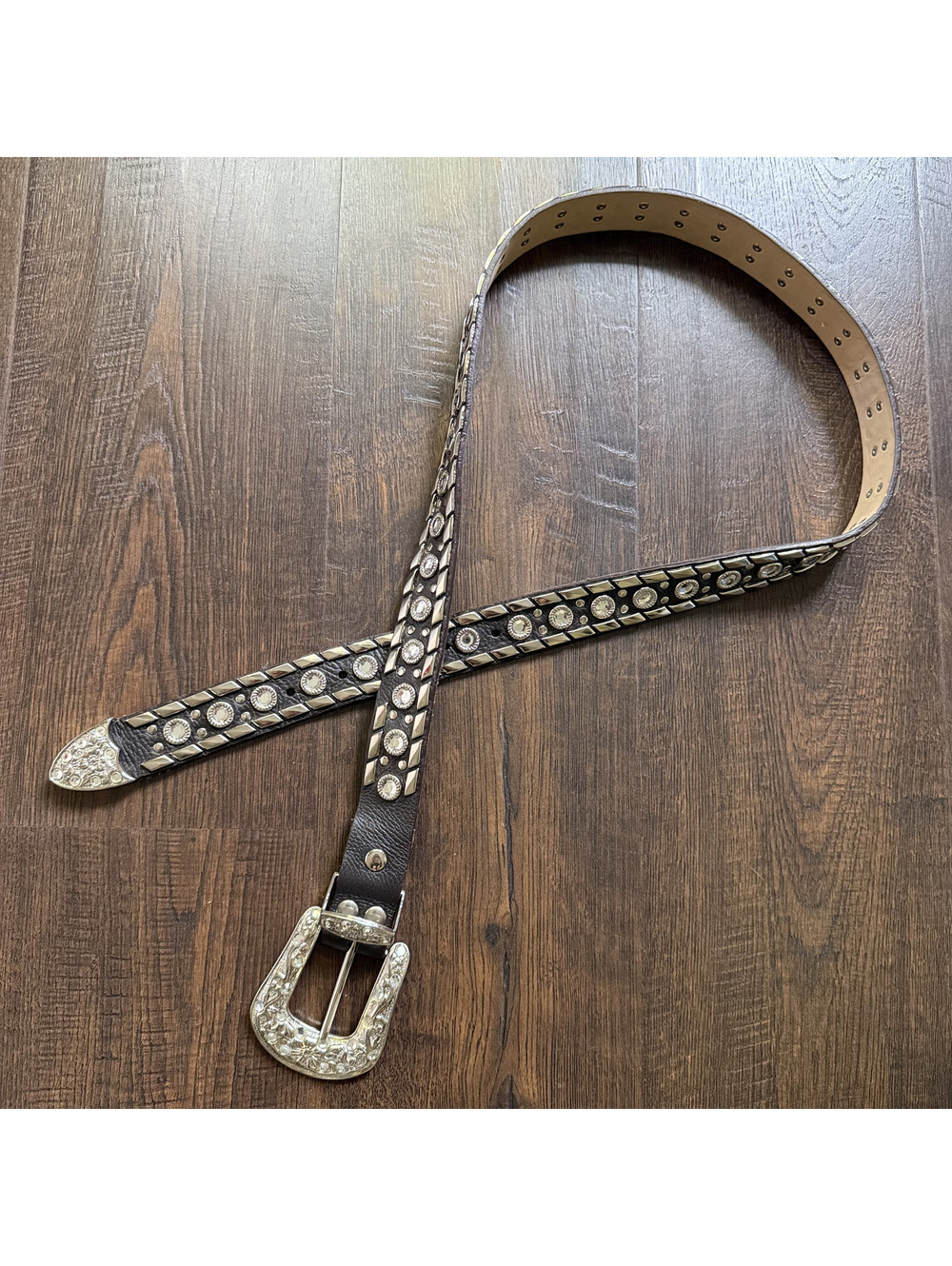 Vintage 90s Y2K Italian Leather Studded Rhinestone Western Belt Silver Size L